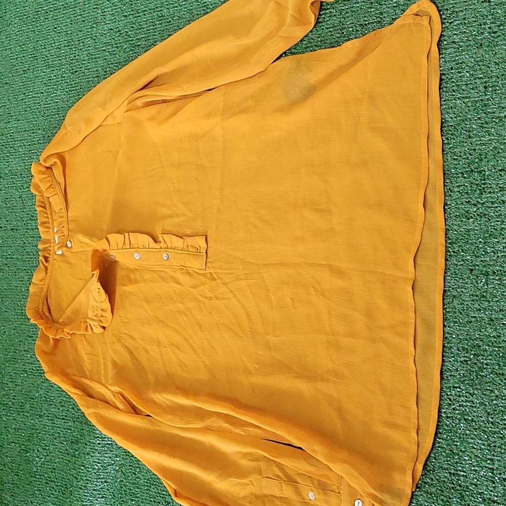 Mustard yellow sheer ruffle collar blouse shirt
